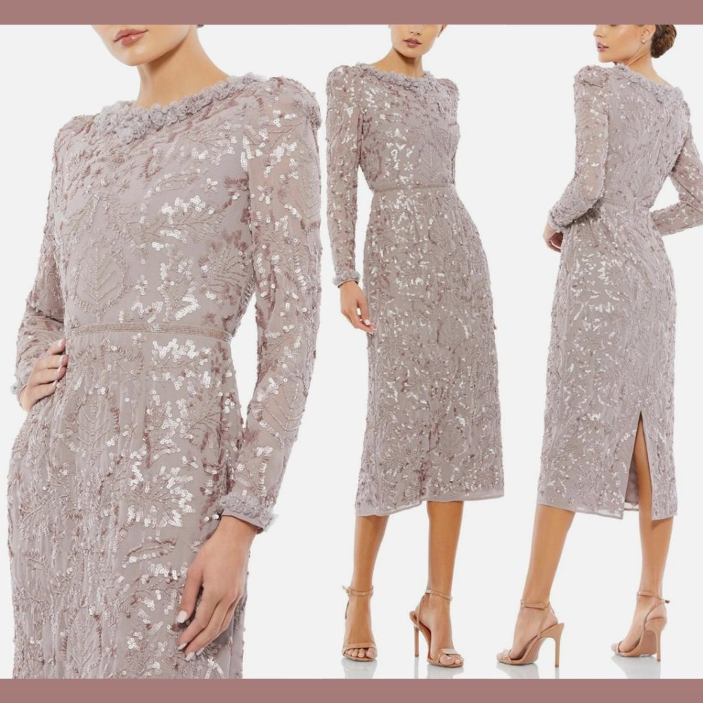 NWT $498 Mac Duggal [ 16 ] Embellished High Neck Puff Sleeve Dress Mauve Q561‎
